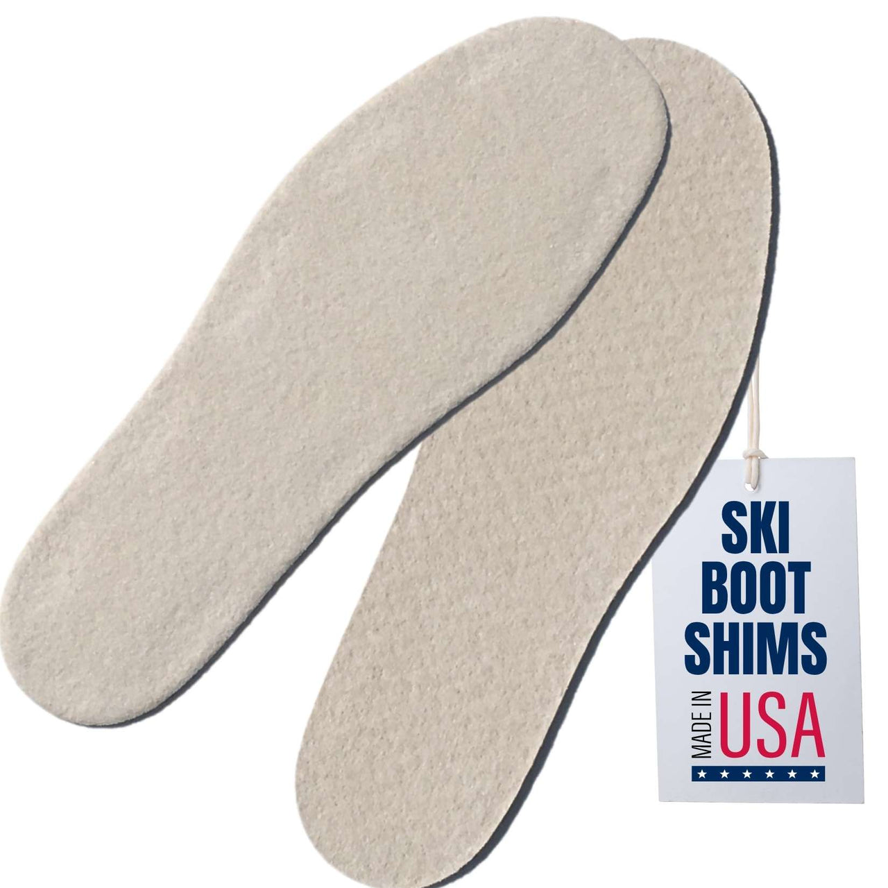 Beige ski boot shims with a 'Made in USA' tag on a white background