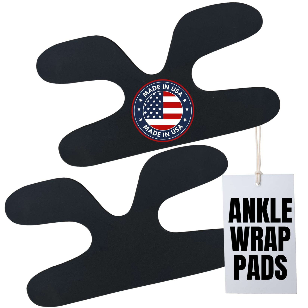 Black ankle wrap pad with 'Made in USA' label and 'Ankle Wrap Pads' tag on a white background