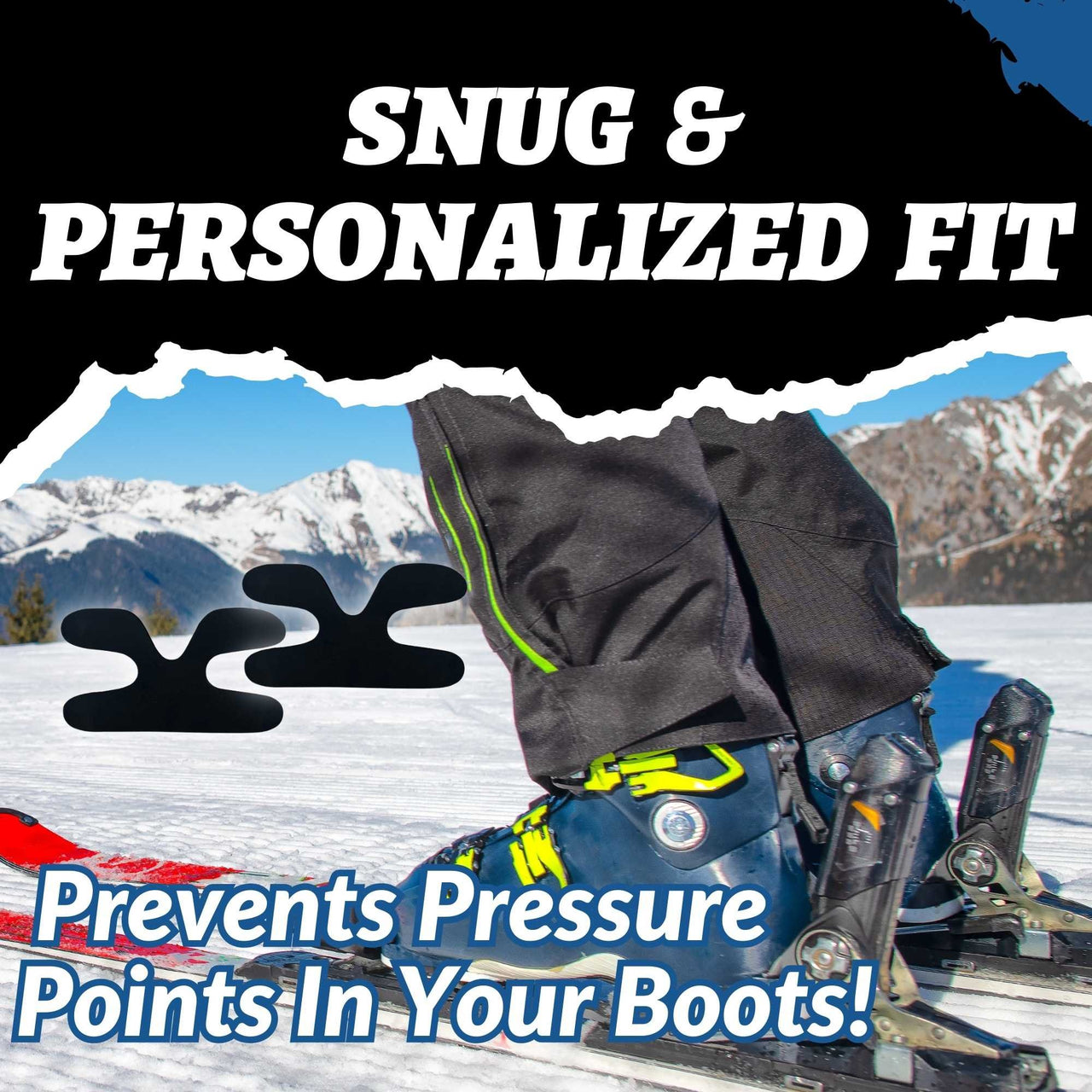 Person wearing snowmobile boots with text about snug and personalized fit on a snowy landscape.