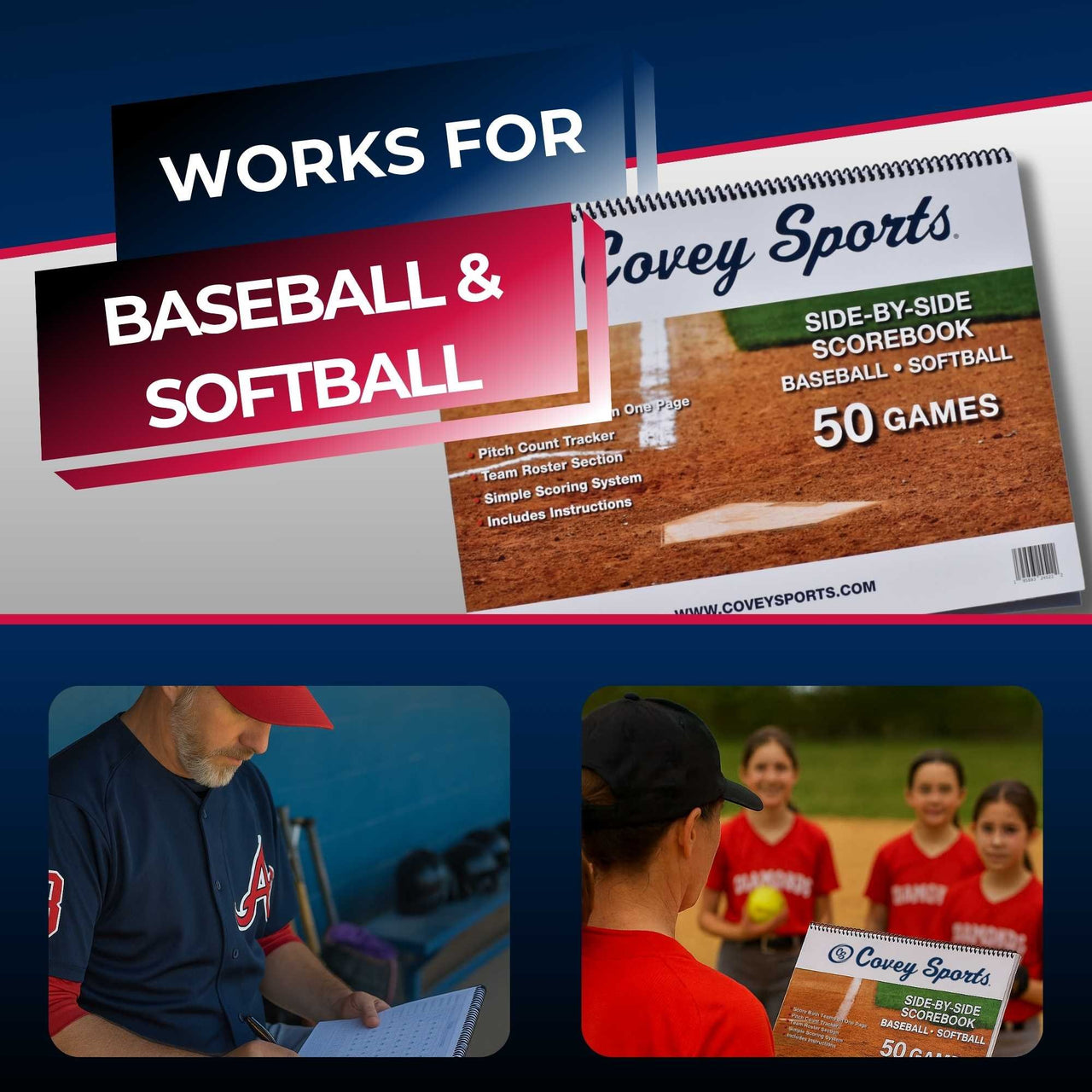 Covey Side-by-Side Baseball & Softball Scorebook - 50 Games (RTJ)